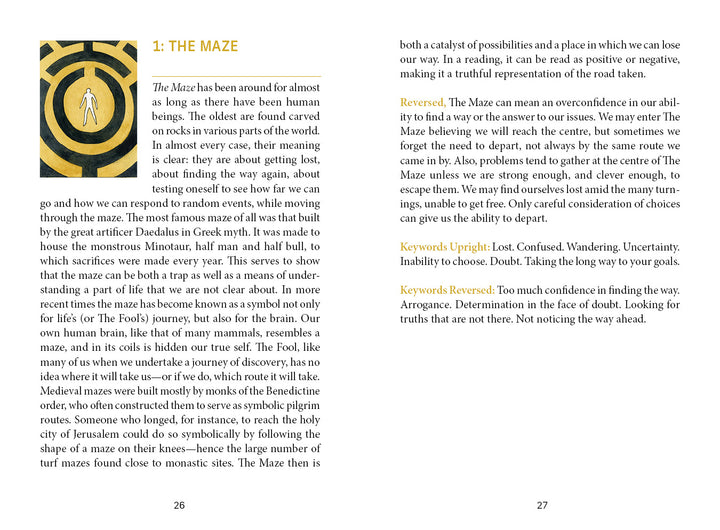 A spread from Schiffer Publishing, Ltd.'s "The Fool's New Journey Tarot" titled “1: THE MAZE” explores maze symbolism in modern Tarot, upright and reversed meanings, keywords, and features a winding maze illustration on the left page.