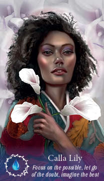 A woman with curly hair holds white calla lilies, wearing a colorful robe. Surrounded by soft blooms, she channels The Flowerwise Oracle by Schiffer Publishing, Ltd. Text: Calla Lily—Focus on the possible, let go of doubt, imagine the best.