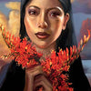 A woman with long black hair holds red ocotillo flowers under a cloudy sky. Below, text reads: Ocotillo. You are loved. Move forward with courage—a message from The Flowerwise Oracle by Schiffer Publishing, Ltd.