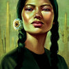 A woman with long dark hair in two braids stands before desert cacti, wearing a white flower earring and gazing ahead. Text below reads: Saguaro Cactus Bloom from The Flowerwise Oracle by Schiffer Publishing, Ltd.—a guide to patience.