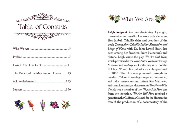 A book’s Table of Contents page with floral illustrations at the bottom and a Who We Are section with a biography and flower graphics, inspired by the enchanting style of The Flowerwise Oracle from Schiffer Publishing, Ltd.