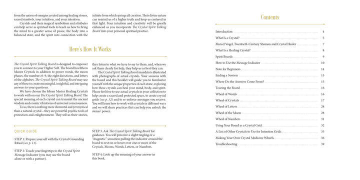 A two-page spread from *The Crystal Spirit Talking Board and Guidebook* by Schiffer Publishing, Ltd.: Left page details how to use a crystal grid with steps and sacred energy info; right page shows the table of contents with chapters and pages.