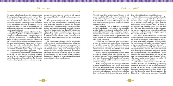 A two-page spread from The Crystal Spirit Talking Board and Guidebook by Schiffer Publishing, Ltd. features a purple header, "Introduction" left, "What Is a Crystal?" right, with gold text on crystal energy and gold flourishes below.