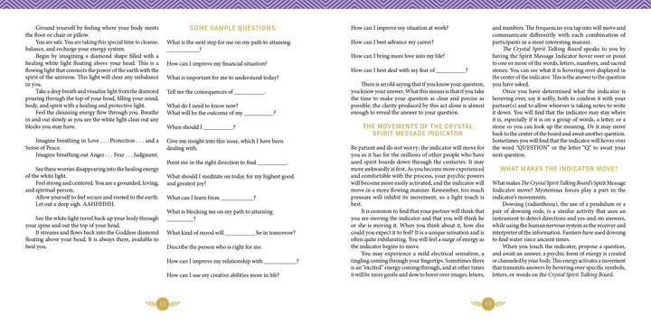 An open book, "The Crystal Spirit Talking Board and Guidebook" by Schiffer Publishing, Ltd., displays cream-colored pages with gold accents, exploring life reflection, personal growth, and sacred crystal energy.