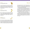 A two-page spread from Schiffer Publishing's The Crystal Spirit Talking Board and Guidebook shows moon phases with gold crescent icons, info on sacred crystal energy under a gold header, and a purple patterned top border.