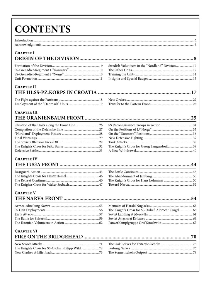 Table of contents page from "11th Waffen-SS Freiwilligen Panzergrenadier Division ‘Nordland’" by Schiffer Publishing, Ltd., listing chapters on origins, battles, specific military fronts, and illustrated SS Nordland history in two columns.