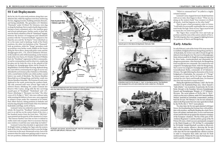 A two-page spread from Schiffer Publishing’s "11th Waffen-SS Freiwilligen Panzergrenadier Division 'Nordland'" features maps, diagrams, photos, and text on the division's deployments during early World War II attacks on the Narva Front.