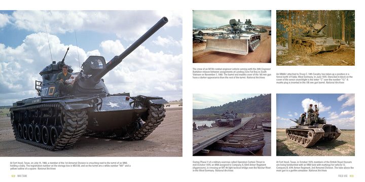 A five-photo collage from Schiffer Publishing, Ltd.'s "M60 Tank" shows US Cold War MBTs in action—featuring an M60 with a crewman, tanks on pontoon bridges, and armored vehicles in muddy ops—ideal for military vehicle reference.