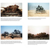 A collage of eight archival photos from Schiffer Publishing, Ltd. showcases the M60 Tank in desert settings—shown in combat, undergoing repairs, destroyed, or abandoned—offering an excellent military vehicle reference with visible smoke and explosions in some images.
