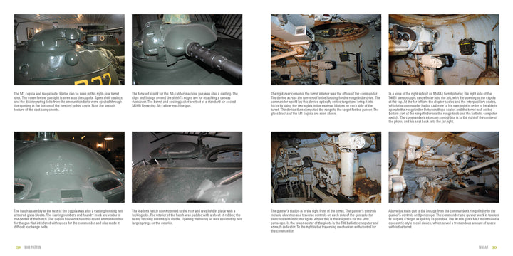 A layout of eight labeled photos from Schiffer Publishing, Ltd.’s M48 Patton shows interior and exterior views of sights, periscopes, and gunner’s positions, with descriptive text for each image.