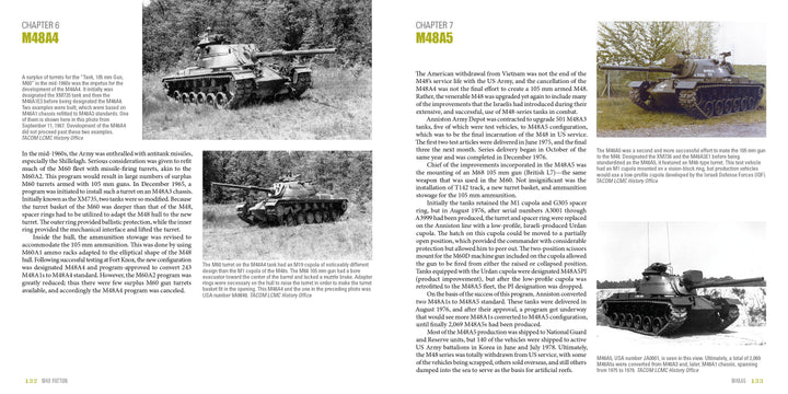 A two-page spread from "M48 Patton" by Schiffer Publishing, Ltd. features black-and-white photos of M48 Patton tanks in various outdoor settings, with close-ups, side views, detailed descriptions, and historical text.