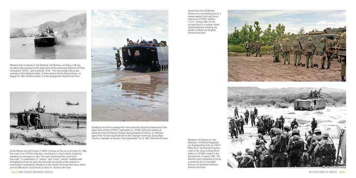A collage of five wartime photos shows USMC Tracked Amphibious Vehicles landing, troops disembarking, and soldiers assembling in varied terrains. Product by Schiffer Publishing, Ltd.