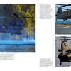 A Schiffer Publishing, Ltd. CH-47 Chinook military helicopter hovers above water with mist and trees in the background; other images depict cargo helicopters landing on a ship and guided by deck crew in yellow uniforms.