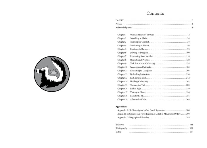 The left page of "The Spray and Pray Squadron" by Schiffer Publishing, Ltd. displays a stylized skunk with a bomb, evoking B-25 Mitchell bombers, while the right page presents the book’s table of contents with chapters and appendices.
