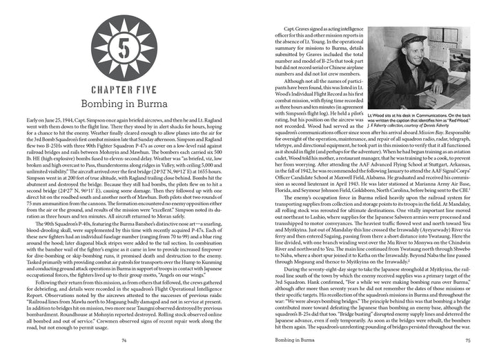 A two-page spread from Schiffer Publishing, Ltd.'s "The Spray and Pray Squadron": Left—heading Chapter Five: Bombing in Burma with airplane icon and two columns on B-25 Mitchells; Right—a vintage photo with continued text.