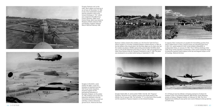 A collage of six black-and-white WWII photos highlights the iconic C-47 Skytrain, paratroopers, military planes, and soldiers, vividly capturing dramatic aviation moments. From Schiffer Publishing, Ltd.
