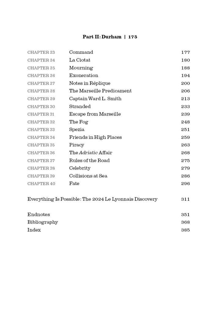 Table of contents page listing chapters 23–36 with titles and page numbers, plus sections for “Everything Is Possible: The Adriatic Affair”, Endnotes, Bibliography, and an Index. Published by Schiffer Publishing, Ltd.
