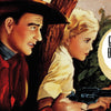 A man in a cowboy hat and a blonde woman crouch with a revolver behind bushes, capturing the classic drama featured in "The Art of the Classic Western Movie Poster" by Schiffer Publishing, Ltd., in vintage western poster style.