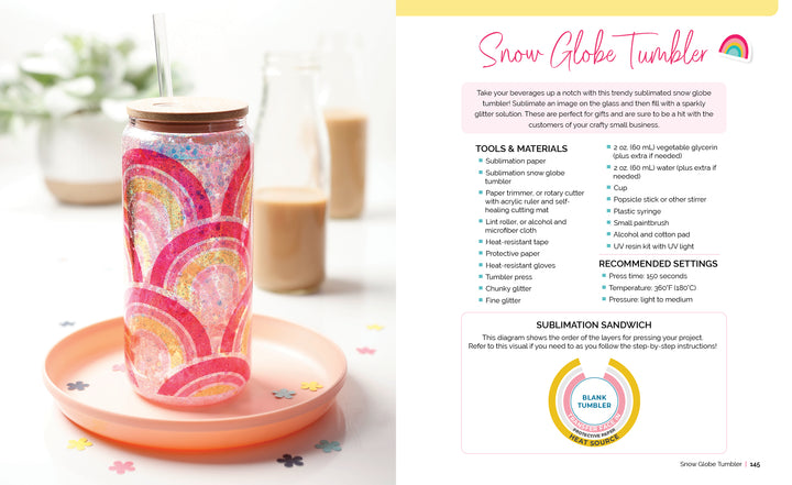 A glass tumbler with a wooden lid and straw, decorated in colorful rainbows, sits on a peach plate with floral accents. Next to it is "Sublimation Crafting" by Schiffer Publishing, Ltd., featuring a Snow Globe Tumbler guide.
