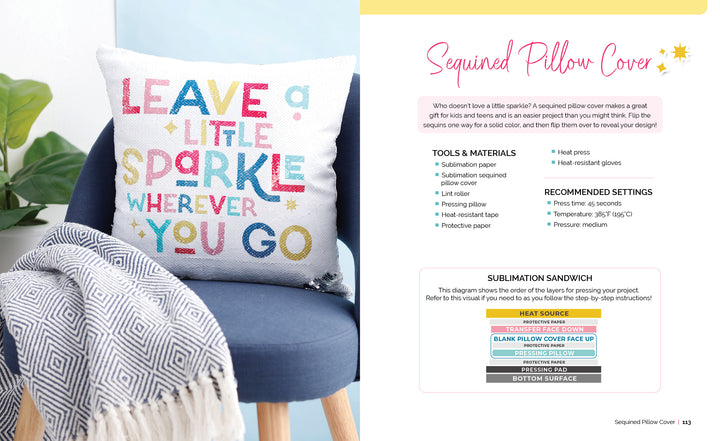 A decorative pillow on a blue chair features colorful text: “Leave a little sparkle wherever you go.” The image showcases Schiffer Publishing, Ltd.'s Sublimation Crafting, with instructions and supply list for making a sequined pillow cover.