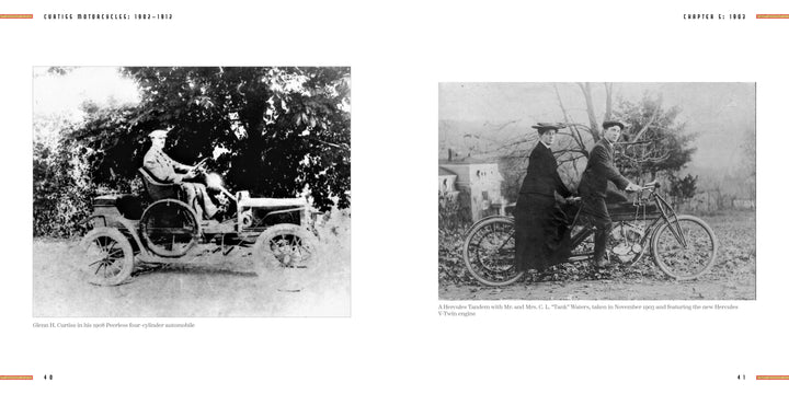 Left: A man in a hat sits in an early open-top car outdoors. Right: Two men in hats and suits ride a vintage tandem motorcycle, featured in "Curtiss Motorcycles" from Schiffer Publishing, Ltd., capturing motorcycle history.