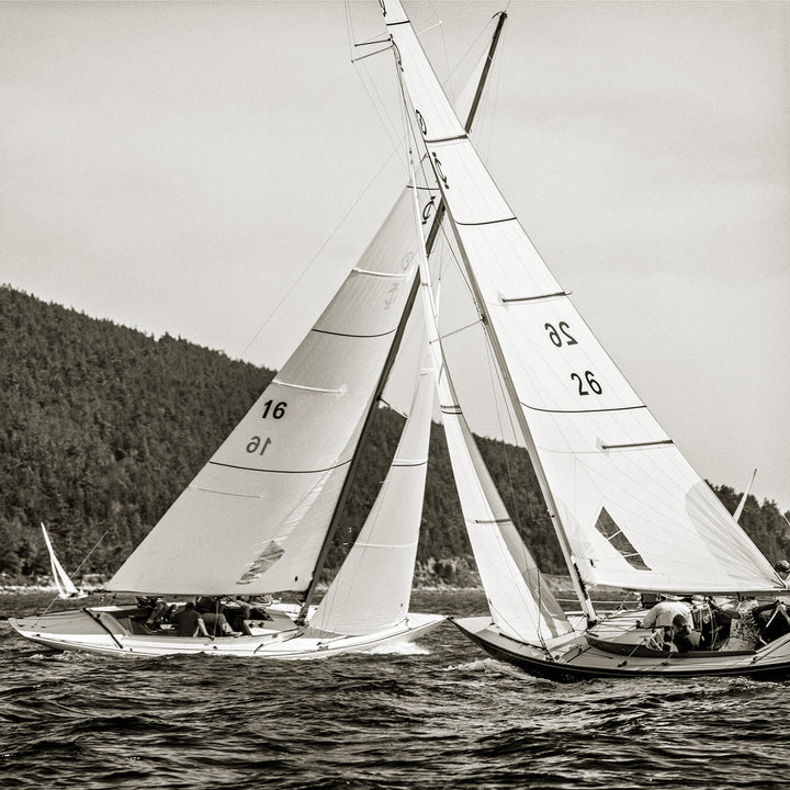 Two sailboats with large white sails race side by side on a lake, leaning together in the wind. "The Maine Coast" by Schiffer Publishing, Ltd. captures this scene against a backdrop of forested hillsides, echoing Michael Kahn’s classic style.
