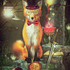 A fox with glasses, a top hat, and bow tie sits on a glowing pentacle amid magical tools in "The Westwood Tarot" by Schiffer Publishing, Ltd. The card shows 1 The Magician in an enchanted forest tarot scene.