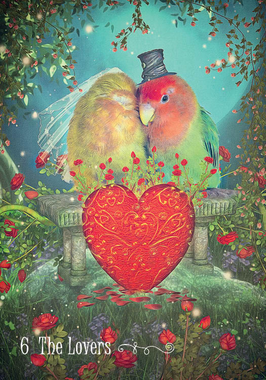 Two lovebirds, one in a veil and one in a top hat, sit close on a stone bench amid roses and a red heart. "6 The Lovers" is an enchanting card from The Westwood Tarot by Schiffer Publishing, Ltd.