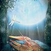 The Westwood Tarot by Schiffer Publishing, Ltd. features card 18, The Moon, with a wolf-faced moon, dragonflies, and a crayfish rising from water between towers amid grass and branches.