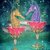 Two seahorses, one gold and one purple, face each other in ornate pink goblets on a pond with arched water and lush greenery, from the Westwood Tarot by Schiffer Publishing, Ltd. Card text: Two of Cups.
