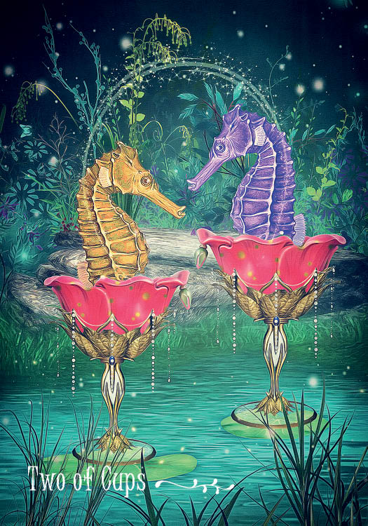 Two seahorses, one gold and one purple, face each other in ornate pink goblets on a pond with arched water and lush greenery, from the Westwood Tarot by Schiffer Publishing, Ltd. Card text: Two of Cups.
