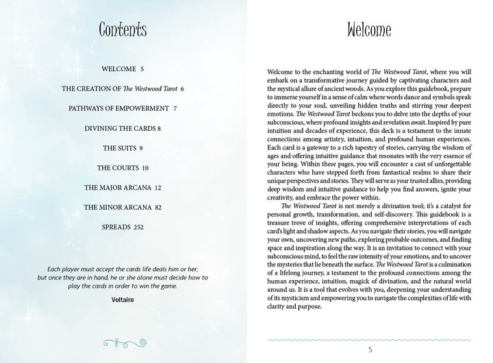 The Westwood Tarot guidebook by Schiffer Publishing, Ltd. opens to a soft blue layout, showing the table of contents on the left and a Welcome introduction on the right, with elegant fonts and decorative flourishes.