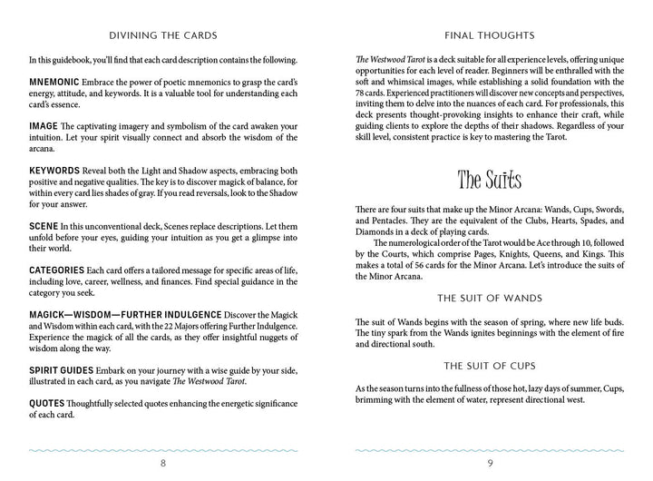 An open book reveals two pages from The Westwood Tarot by Schiffer Publishing, Ltd., with tarot guidance including card interpretations, mnemonics, keywords, scenes, categories, magick tips, quotes, final insights & an intro to suits.