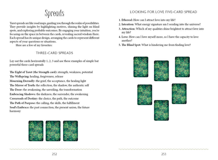 Two pages from "The Westwood Tarot" by Schiffer Publishing, Ltd. show a three-card spread on the left and a five-card layout with green-patterned cards and questions on the right—an ideal reference for any tarot guidebook.