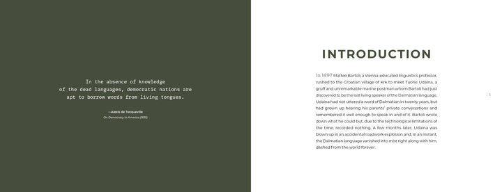 A two-page spread from Schiffer Publishing, Ltd.'s "On the National Language": the left page shows a quote on endangered languages in white on dark green; the right starts with "INTRODUCTION" on white, followed by a paragraph.