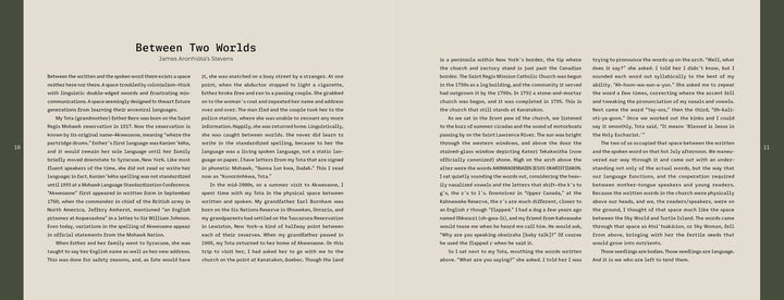 A two-page spread from On the National Language by Schiffer Publishing, Ltd. features justified serif text about language revitalization and Indigenous language preservation, with wide margins and no images.