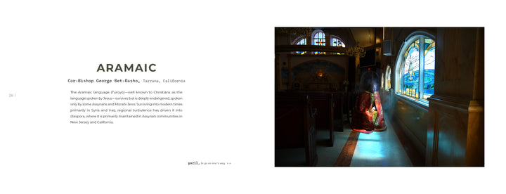 A person sits alone in a dimly lit church pew, illuminated by stained glass, reading Aramaic text and information about Bet-Resho and language revitalization in "On the National Language" by Schiffer Publishing, Ltd.