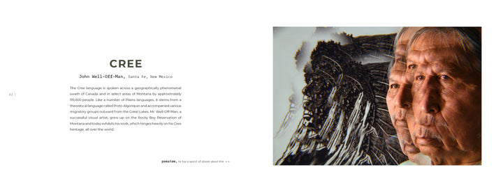 A digital art image with repeated, overlapping faces of an older Cree person beside text about Cree’s role in Indigenous languages and revitalization in Santa Fe, featured in "On the National Language" by Schiffer Publishing, Ltd.