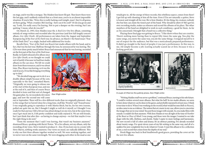 Two pages from "Hallowed by Their Name" (Schiffer Publishing, Ltd.) feature text and three images: an Iron Maiden album cover, a 1980 black-and-white band photo labeled Iron Maiden, and a smaller band photo captioned Paul Di’Anno, Dennis Stratton, Dave Murray.