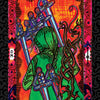 The Vedic Tarot by Schiffer Publishing, Ltd. features a vivid 7 of Swords card with a hooded green figure holding five swords against a vibrant red-orange backdrop, ornate borders, and two swords left behind.