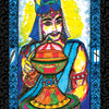 The Vedic Tarot by Schiffer Publishing, Ltd. features the King of Cups—a crowned man with facial hair in blue and gold robes, holding an ornate chalice—set against a bright yellow background with a blue patterned border.