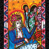 A vibrant tarot card from The Vedic Tarot by Schiffer Publishing, Ltd. features a crowned figure in blue and red with a tall staff, alongside three women in patterned dresses and starry halos amid decorative borders.