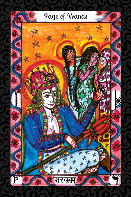 A vibrant tarot card from The Vedic Tarot by Schiffer Publishing, Ltd. features a crowned figure in blue and red with a tall staff, alongside three women in patterned dresses and starry halos amid decorative borders.