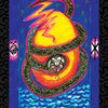 The Vedic Tarot by Schiffer Publishing, Ltd. features the Oogenesis card: a snake coils around a glowing yellow-orange egg beneath a lightning bolt, with stars in a purple sky and waves below, blending Vedic wisdom with classic Western tarot imagery.