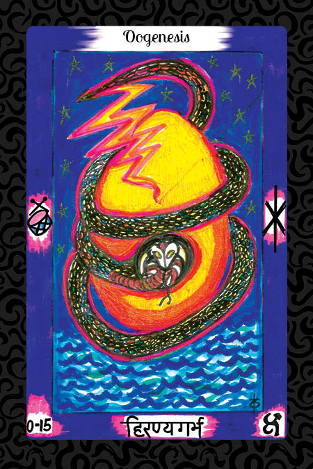 The Vedic Tarot by Schiffer Publishing, Ltd. features the Oogenesis card: a snake coils around a glowing yellow-orange egg beneath a lightning bolt, with stars in a purple sky and waves below, blending Vedic wisdom with classic Western tarot imagery.