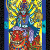 A vibrant illustration from The Vedic Tarot by Schiffer Publishing, Ltd. shows blue-skinned goddess Durga with many arms on a tiger, ornate attire and crown, set against a yellow background with symbols, “Maga,” and Eastern spiritual themes.