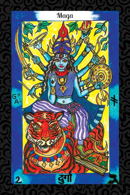 A vibrant illustration from The Vedic Tarot by Schiffer Publishing, Ltd. shows blue-skinned goddess Durga with many arms on a tiger, ornate attire and crown, set against a yellow background with symbols, “Maga,” and Eastern spiritual themes.