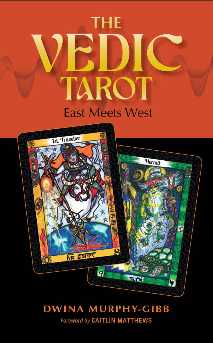 The Vedic Tarot by Schiffer Publishing, Ltd. features a black and orange cover with two vibrant tarot cards—The Traveller and Hermit—blending Eastern spirituality with Western Tarot tradition.