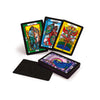 The Vedic Tarot by Schiffer Publishing, Ltd. is shown with three upright cards featuring vibrant Eastern-inspired art, a stacked deck, and one face-down card, all displayed against a white background.