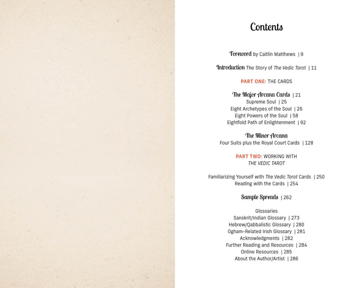The Vedic Tarot by Schiffer Publishing, Ltd. features a table of contents with Foreword, Introduction, Major and Minor Arcana, card guidance, sample spreads, and glossaries—blending Eastern spirituality with Western Tarot tradition.